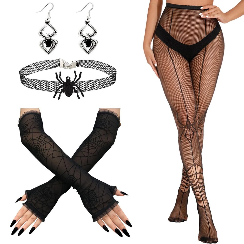 8638 Halloween Spiderweb Fishnet Stocking with Gloves - 4 Pack Fishnet